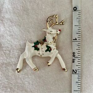 Vtg White Enamel Red Rhinestone Rudolph Red Nose Reindeer Christmas Brooch Pin